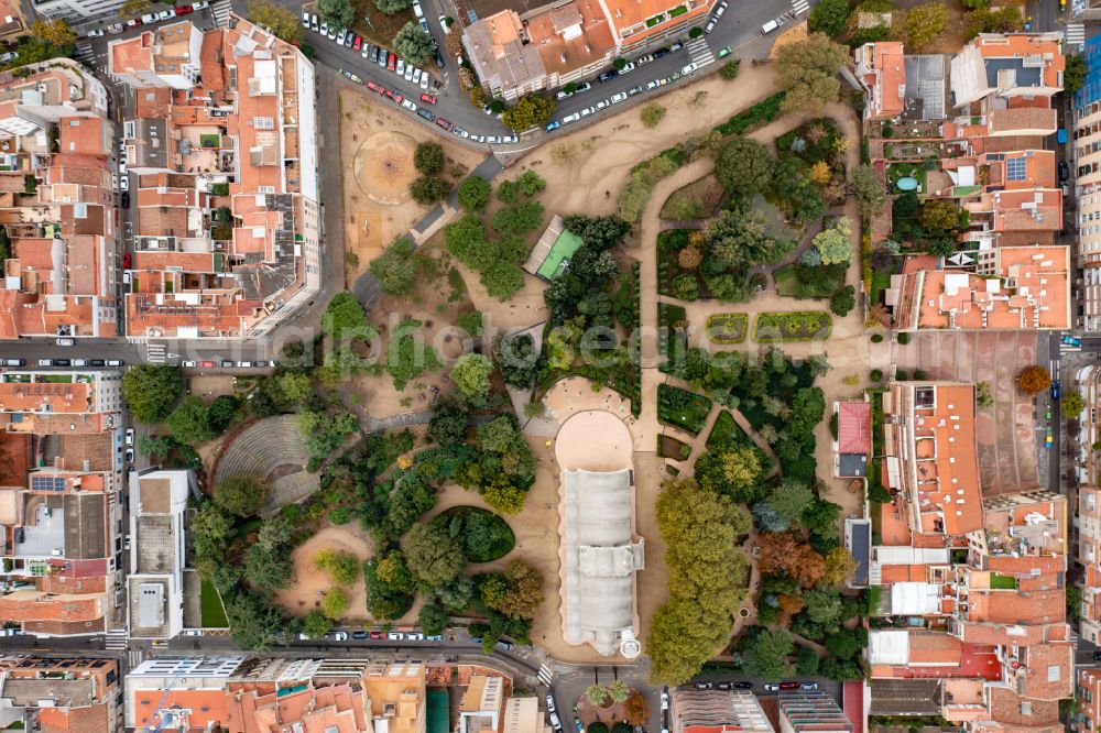 Vertical aerial photograph Terrassa - Vertical aerial view from the satellite perspective of the ensemble space an place with of Masia Freixa in the inner city center on street Placa de Sant Oleguer in Terrassa in Catalunya - Katalonien, Spain