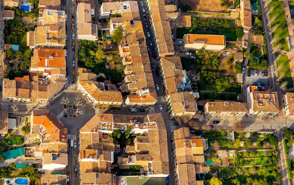 Vertical aerial photograph Soller - Vertical aerial view from the satellite perspective of the ensemble space Placa dA? America in the inner city center in Soller in Balearic Islands, Spain