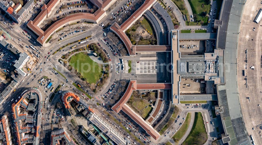 Vertical aerial photograph Berlin - Vertical aerial view from the satellite perspective of the ensemble space place of Luftbruecke on Columbiadamm at formerly Tempelhof Airport in the inner city center in the district Tempelhof in Berlin