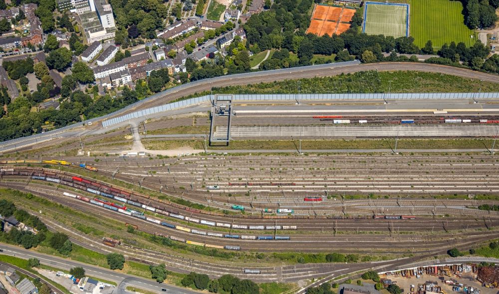 Vertical aerial photograph Duisburg - Vertical aerial view from the satellite perspective of the marshalling yard and freight station of the Deutsche Bahn in the district Mittelmeiderich in Duisburg in the state North Rhine-Westphalia, Germany