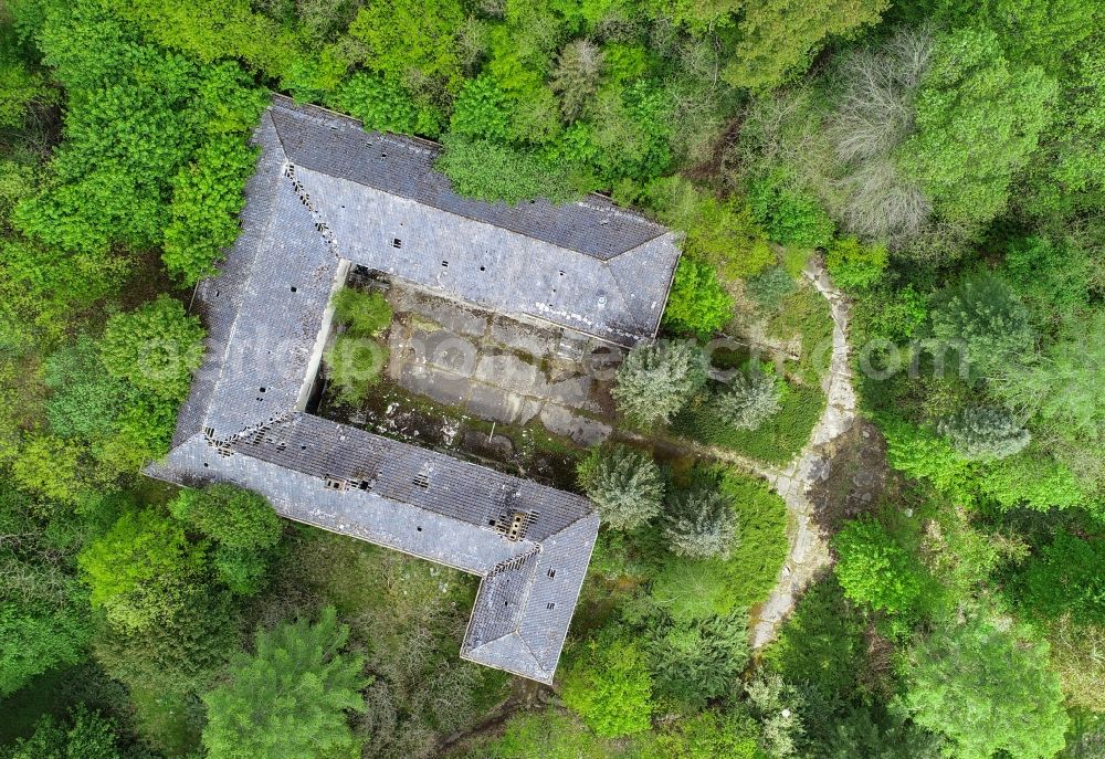 Vertical aerial photograph Treppeln - Vertical aerial view from the satellite perspective of the ruin of the decaying building structure of the former forester's house in Treppeln in the state Brandenburg, Germany