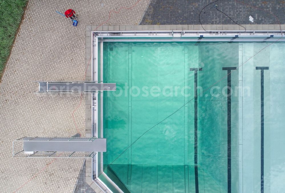 Vertical aerial photograph Bernau - Vertical aerial view from the satellite perspective of the swimming pool of the on Hans-Wittwer-Strasse in the district Waldfrieden in Bernau in the state Brandenburg, Germany