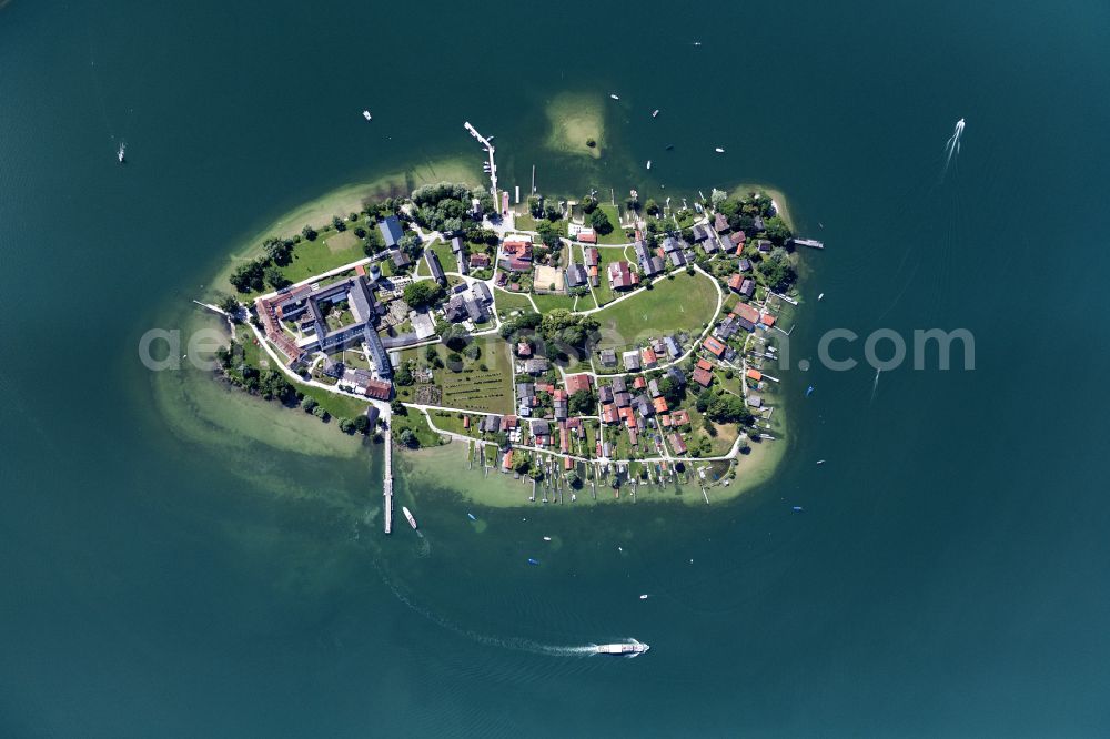 Vertical aerial photograph Chiemsee - Vertical aerial view from the satellite perspective of the Lake Island der Frauerninsel with dem Kloster of Abtei Frauenwoerth on street Frauenchiemsee in Chiemsee in the state Bavaria, Germany
