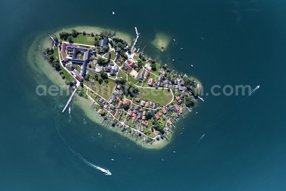 Vertical aerial photograph Chiemsee - Vertical aerial view from the satellite perspective of the Lake Island der Frauerninsel with dem Kloster of Abtei Frauenwoerth on street Frauenchiemsee in Chiemsee in the state Bavaria, Germany