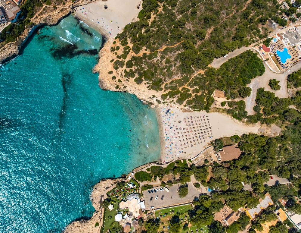 Vertical aerial photograph Cales de Mallorca - Vertical aerial view from the satellite perspective of the parasol - rows on the sandy beach in the coastal area Cala Domingos in Cales de Mallorca in Balearic island of Mallorca, Spain