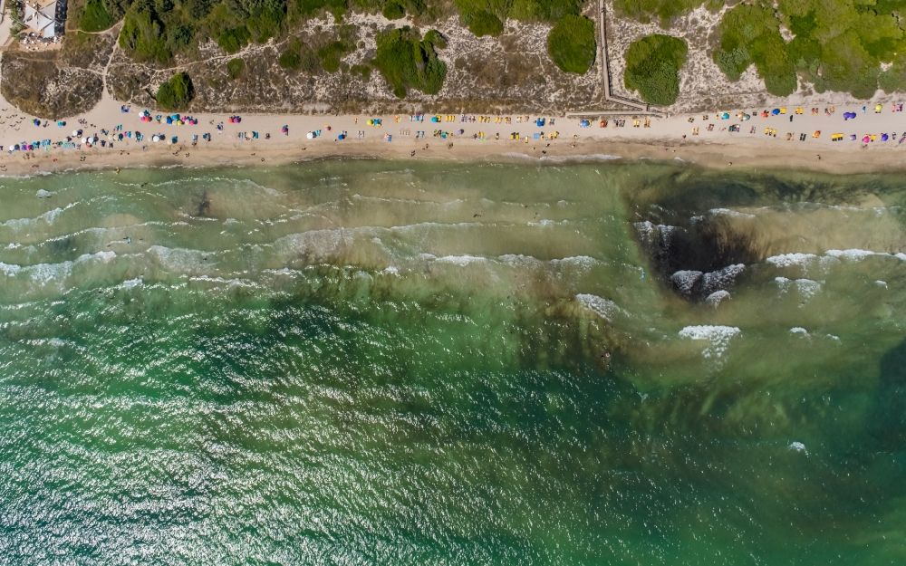 Vertical aerial photograph Muro - Vertical aerial view from the satellite perspective of the parasol - rows on the sandy beach in the coastal area on Carrer Joglars in Muro in Balearic island of Mallorca, Spain