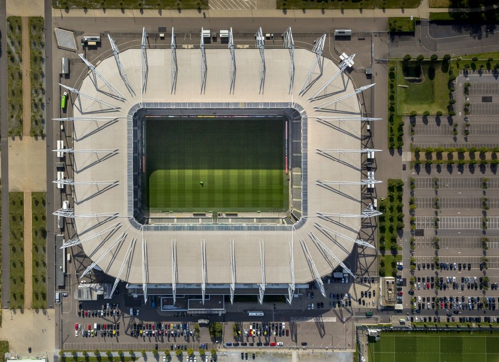 Vertical aerial photograph Mönchengladbach - View of the Borussia-Park Stadium. It is the home stadium of the football team Borussia Monchengladbach
