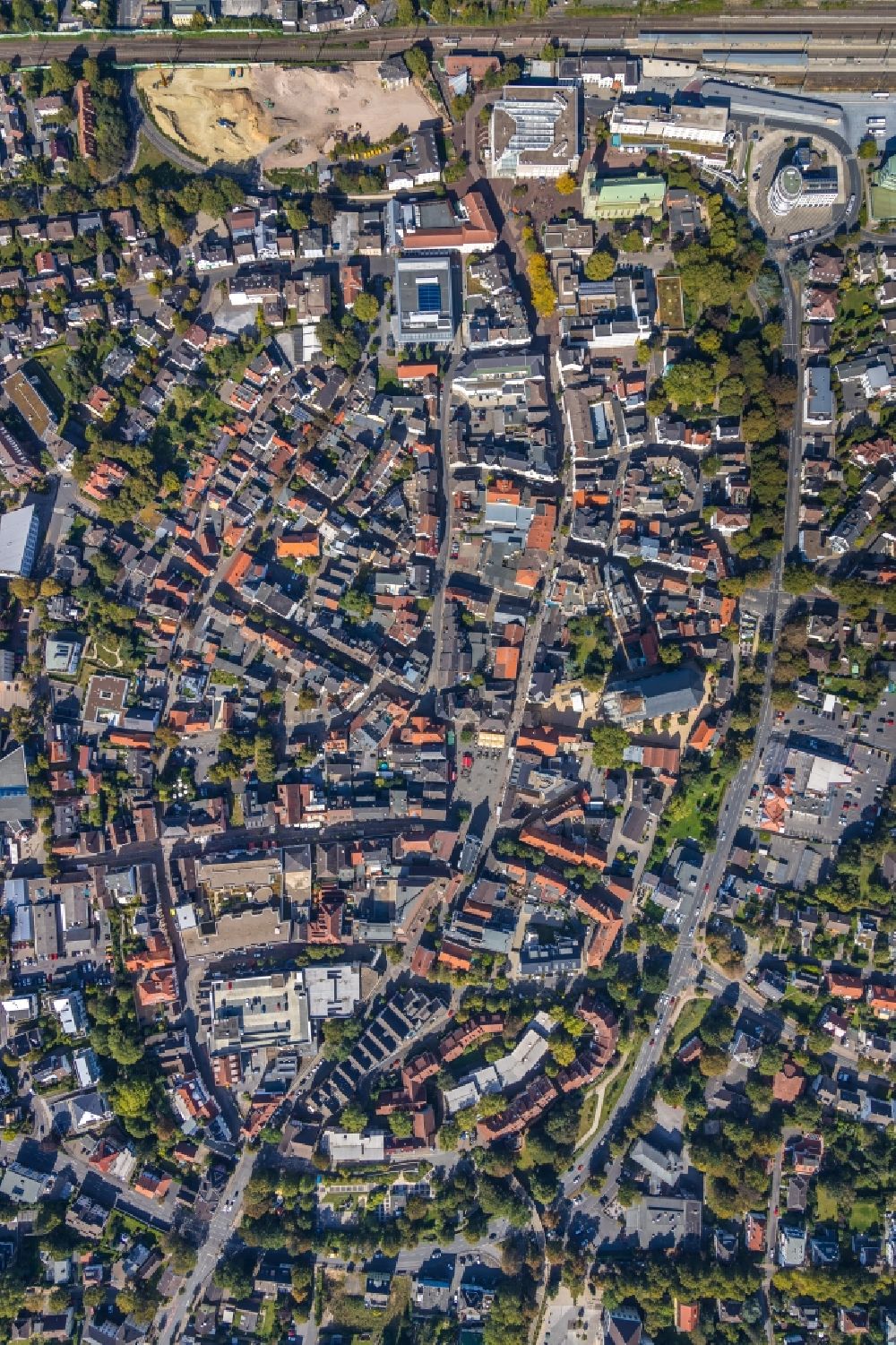 Vertical aerial photograph Unna - Vertical aerial view from the satellite perspective of the the city center in the downtown area in Unna in the state North Rhine-Westphalia, Germany