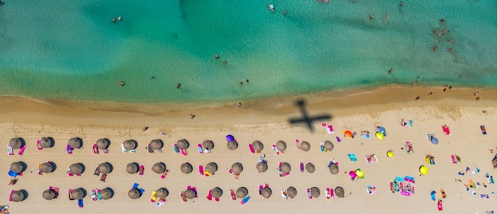 Vertical aerial photograph Palma - Vertical aerial view from the satellite perspective of the beach chair on the sandy beach ranks in the coastal area of Ballermann 8 on Carretera de l'Arenal in Palma in Balearic island of Mallorca, Spain