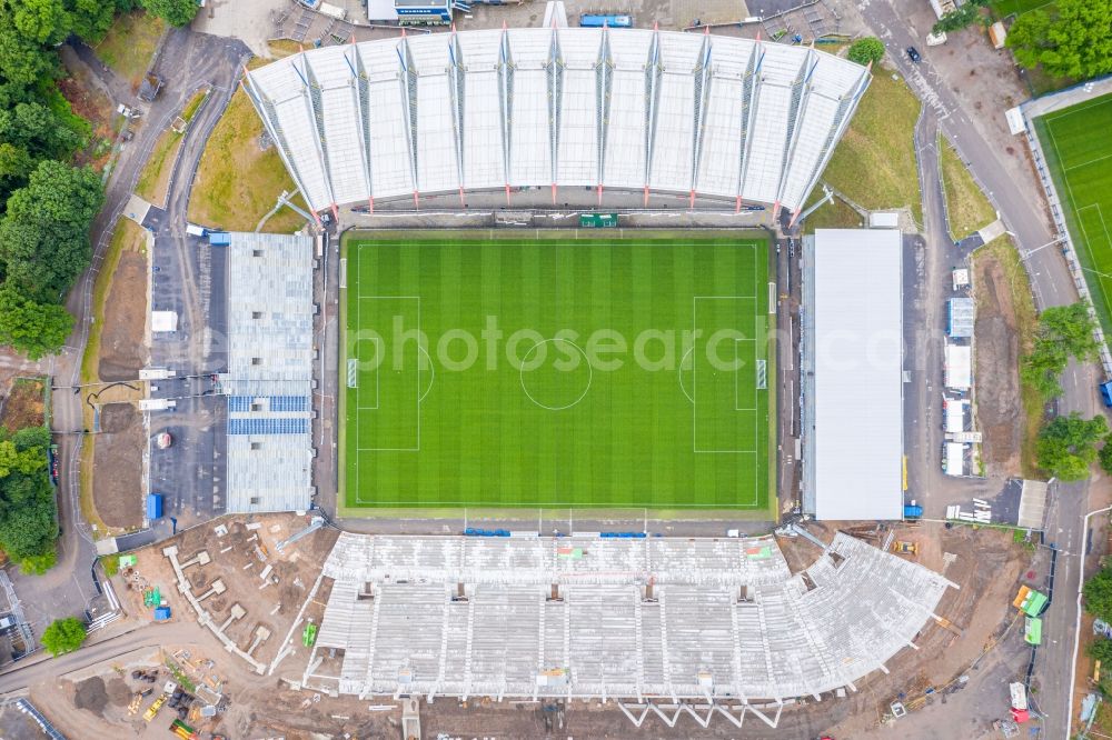Vertical aerial photograph Karlsruhe - Vertical aerial view from the satellite perspective of the extension and conversion site on the sports ground of the stadium Wildparkstadion in Karlsruhe in the state Baden-Wurttemberg, Germany
