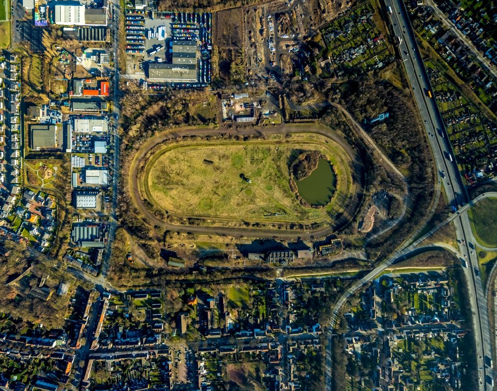 Vertical aerial photograph Recklinghausen - Vertical aerial view from the satellite perspective of the development, demolition and renovation work on the site of the former racetrack - Trabrennbahn in Recklinghausen in the state North Rhine-Westphalia, Germany