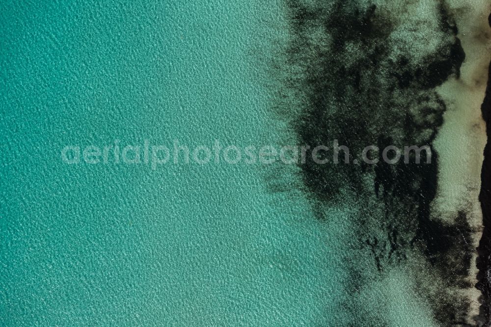Vertical aerial photograph Campos - Vertical aerial view from the satellite perspective of the Water surface at the seaside of mediteran sea in Llucmajor, beach es Trenc, in Balearic Islands, Spain