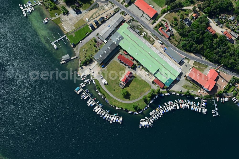 Vertical aerial photograph Joachimsthal - Vertical aerial view from the satellite perspective of the pleasure boat marina with docks and moorings on the shore area of Werbellinsee on Seerandstrasse in Joachimsthal in the state Brandenburg, Germany