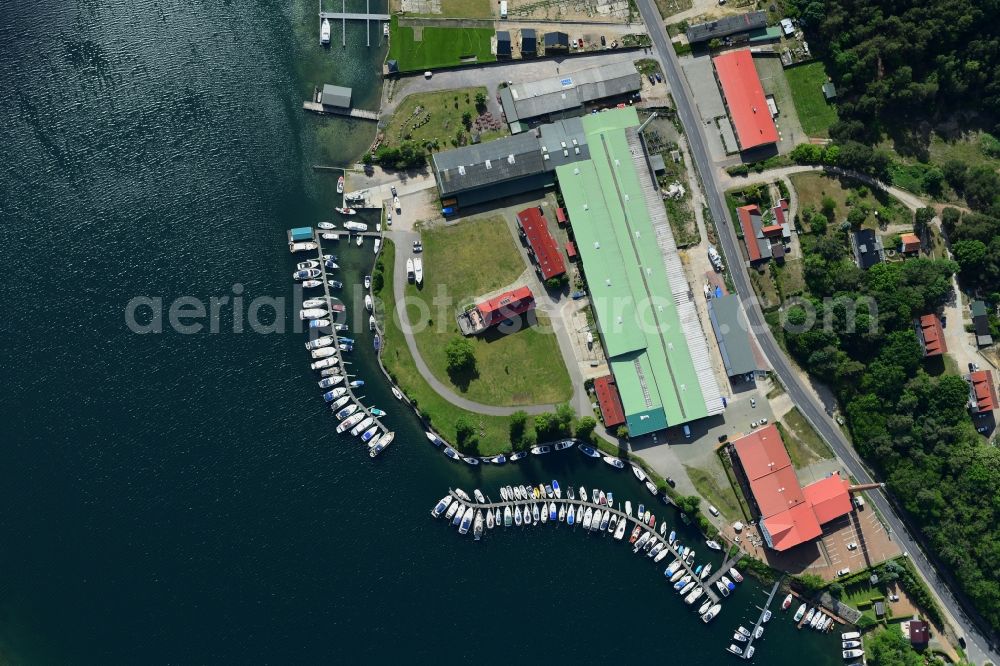 Vertical aerial photograph Joachimsthal - Vertical aerial view from the satellite perspective of the pleasure boat marina with docks and moorings on the shore area of Werbellinsee on Seerandstrasse in Joachimsthal in the state Brandenburg, Germany