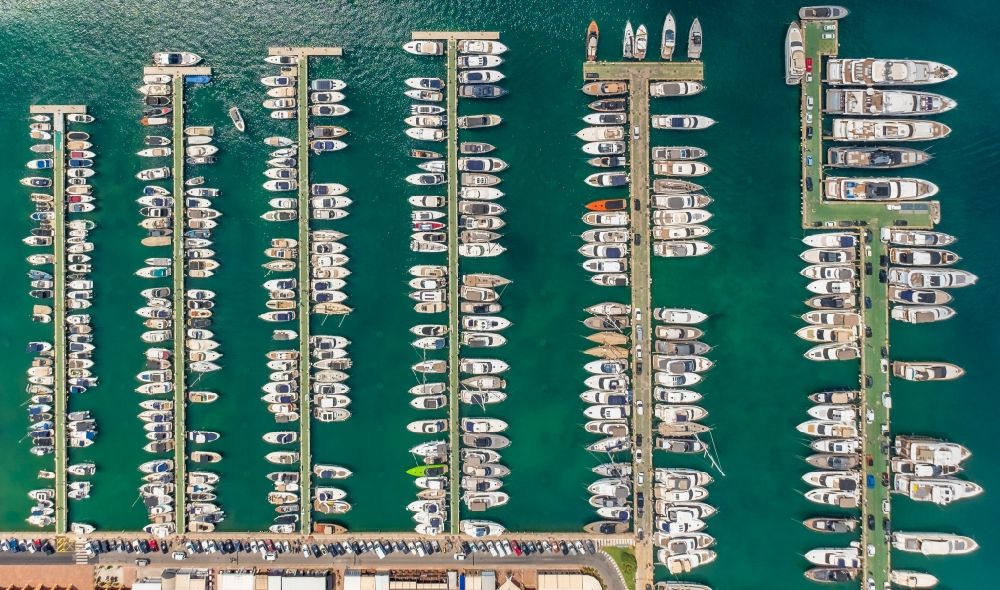 Vertical aerial photograph Portals Nous - Vertical aerial view from the satellite perspective of the pleasure boat marina with docks and moorings on the shore area Puerto Portals in Portals Nous in Balearic island of Mallorca, Spain